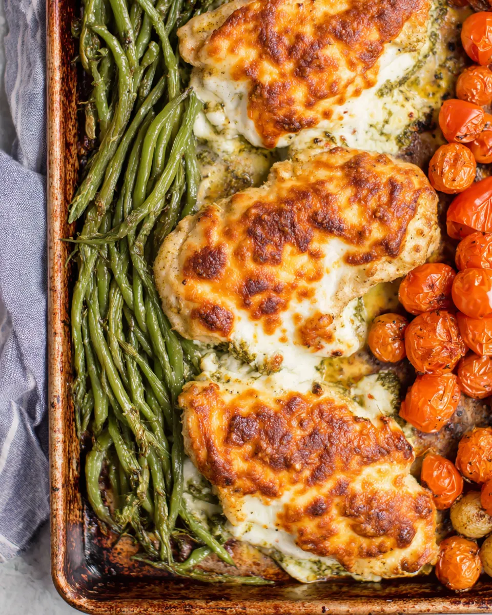 Delicious Pesto Mozzarella Chicken Sheet Pan Meal food shot