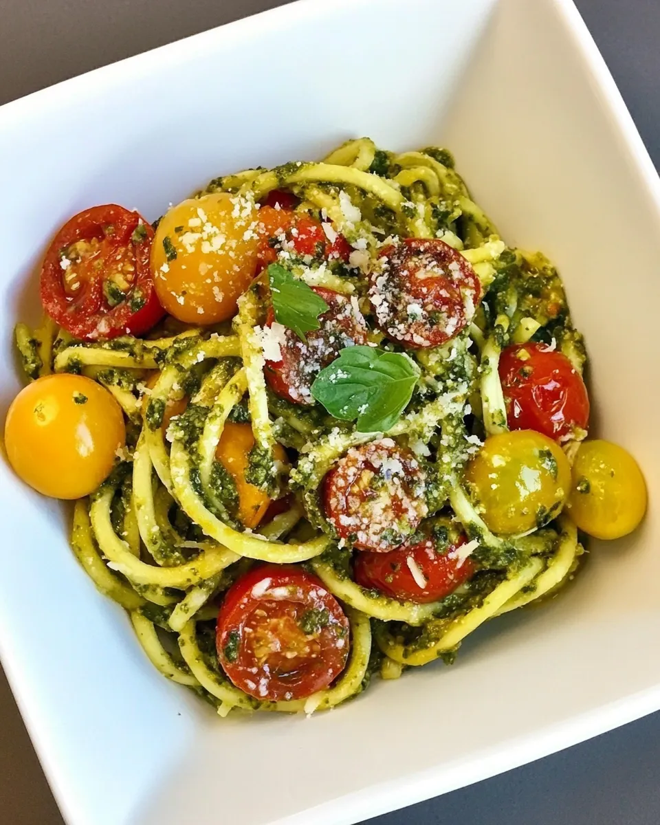 Easy Pesto Spaghetti Zoodles with Heirloom Tomatoes recipe image