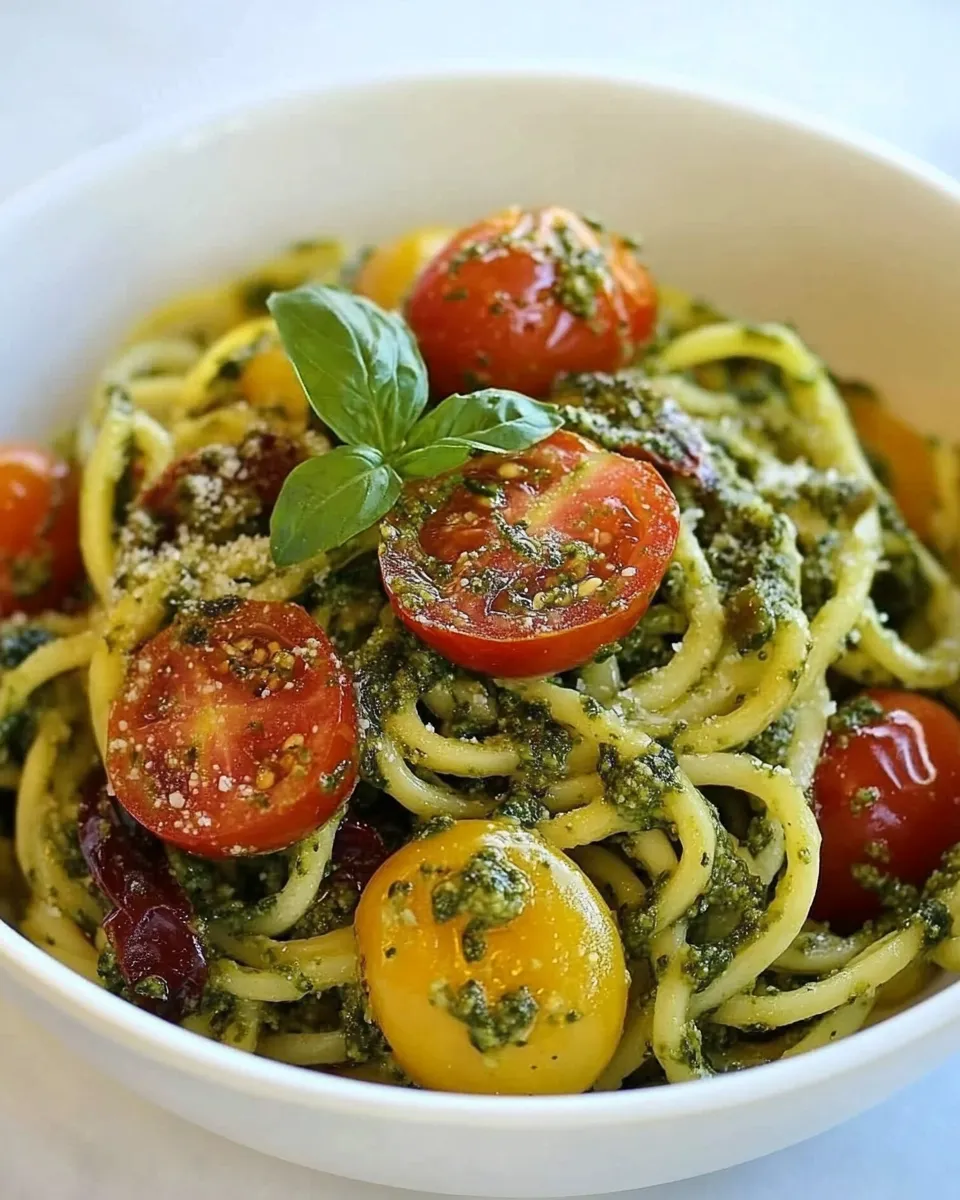 Delicious Pesto Spaghetti Zoodles with Heirloom Tomatoes dish photo