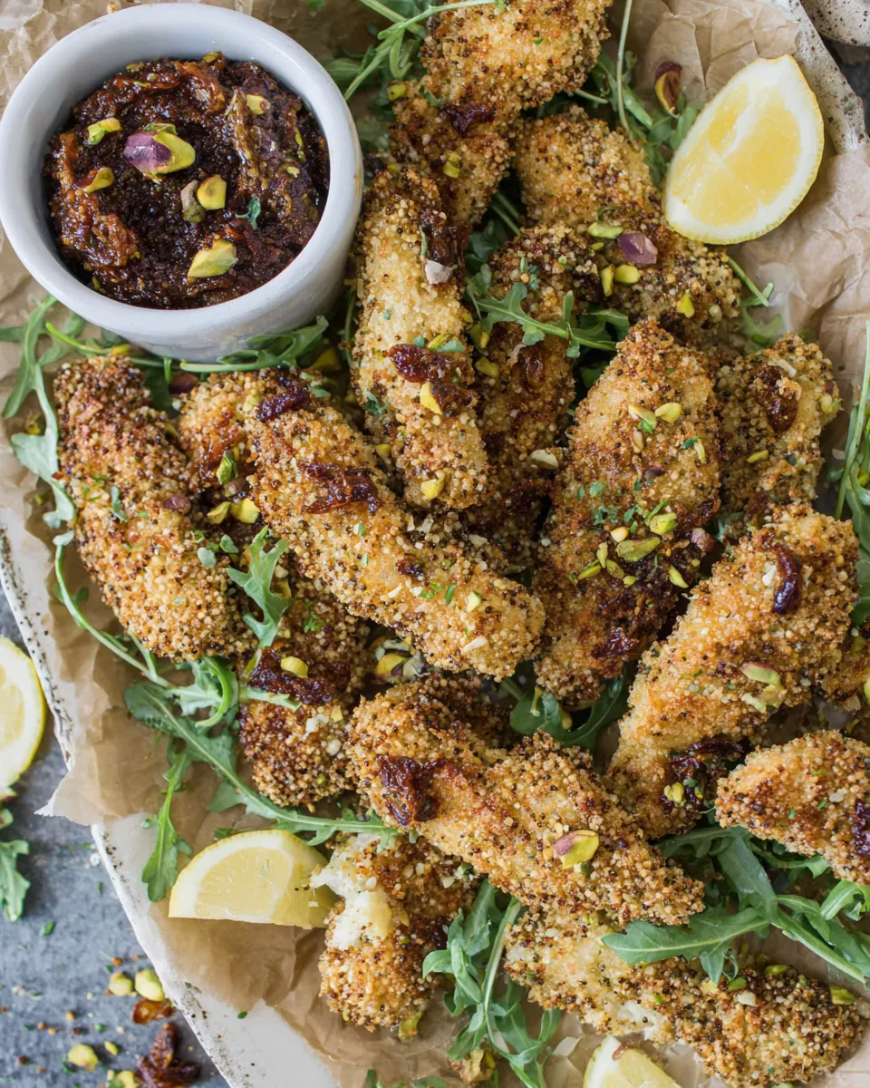 Delicious Pistachio Quinoa Dukkah Crusted Chicken Fingers with Sun-dried Tomato Pesto. food shot