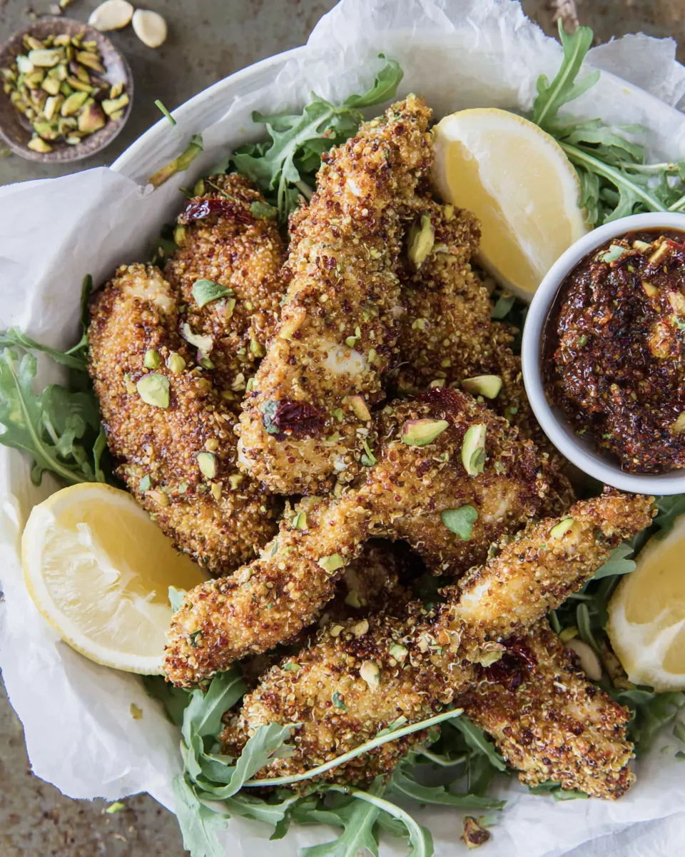 Healthy Pistachio Quinoa Dukkah Crusted Chicken Fingers with Sun-dried Tomato Pesto. dish photo