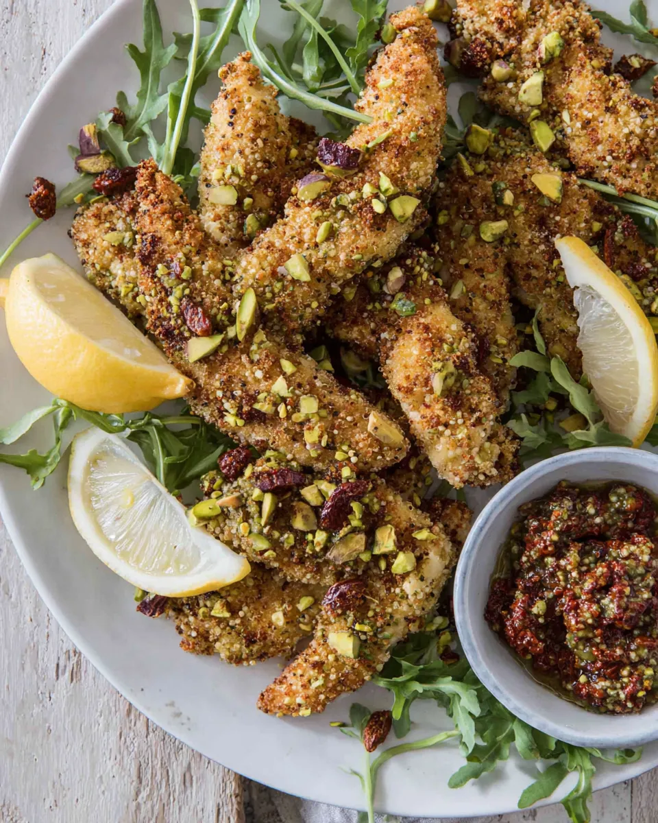 Easy Pistachio Quinoa Dukkah Crusted Chicken Fingers with Sun-dried Tomato Pesto. recipe image
