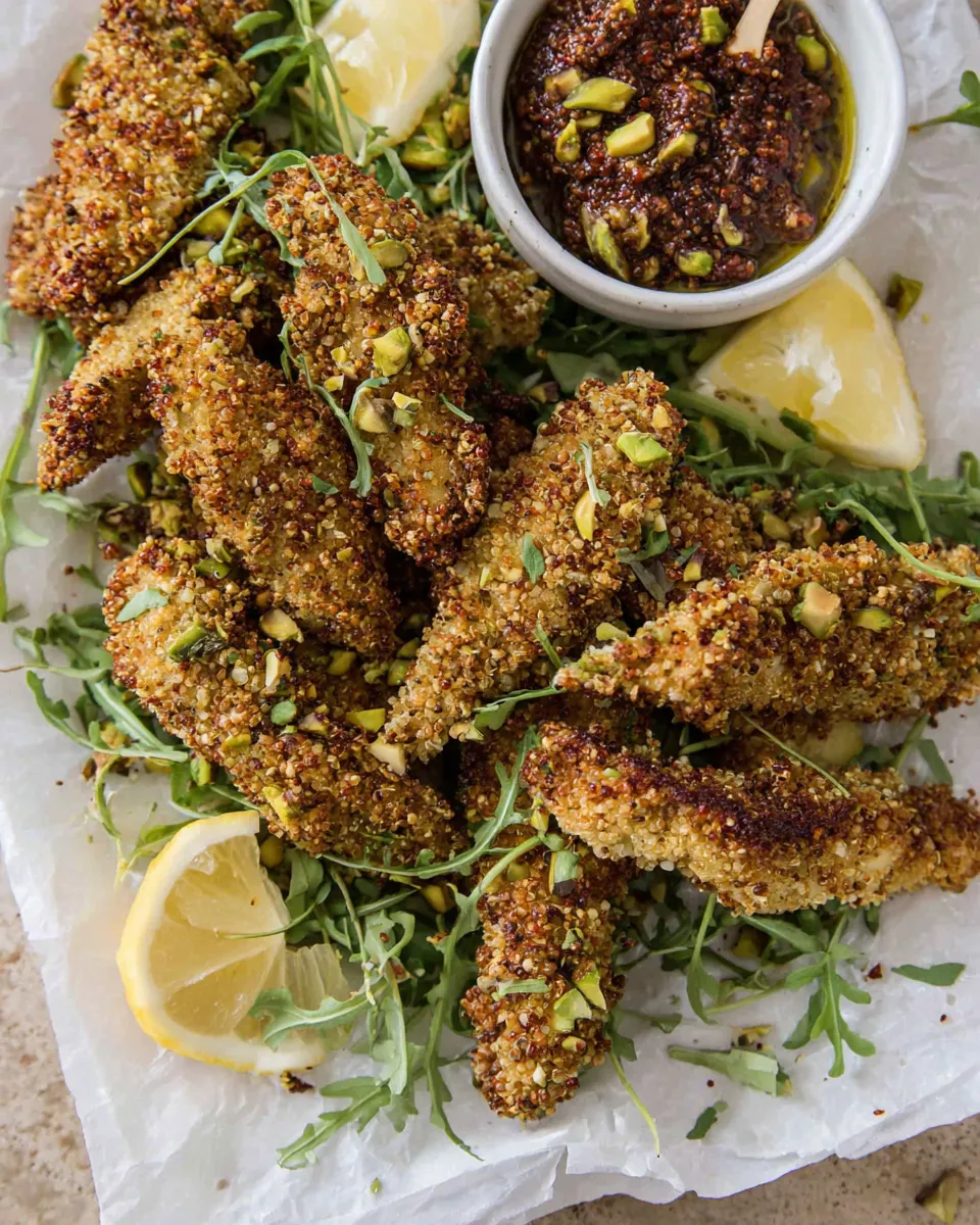 Classic Pistachio Quinoa Dukkah Crusted Chicken Fingers with Sun-dried Tomato Pesto. plate image