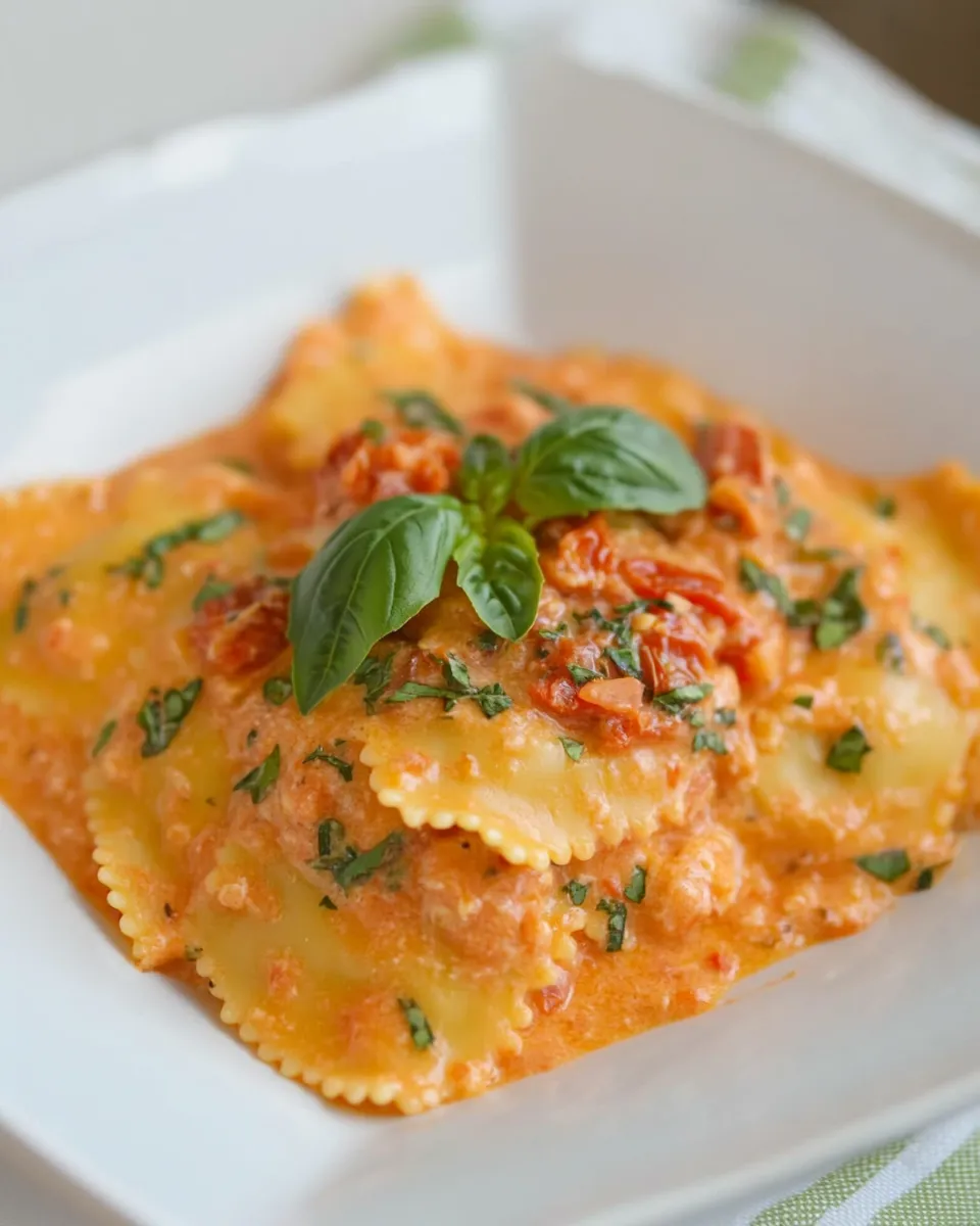 Delicious Ravioli with Creamy Sun-dried Tomato and Basil Sauce shot