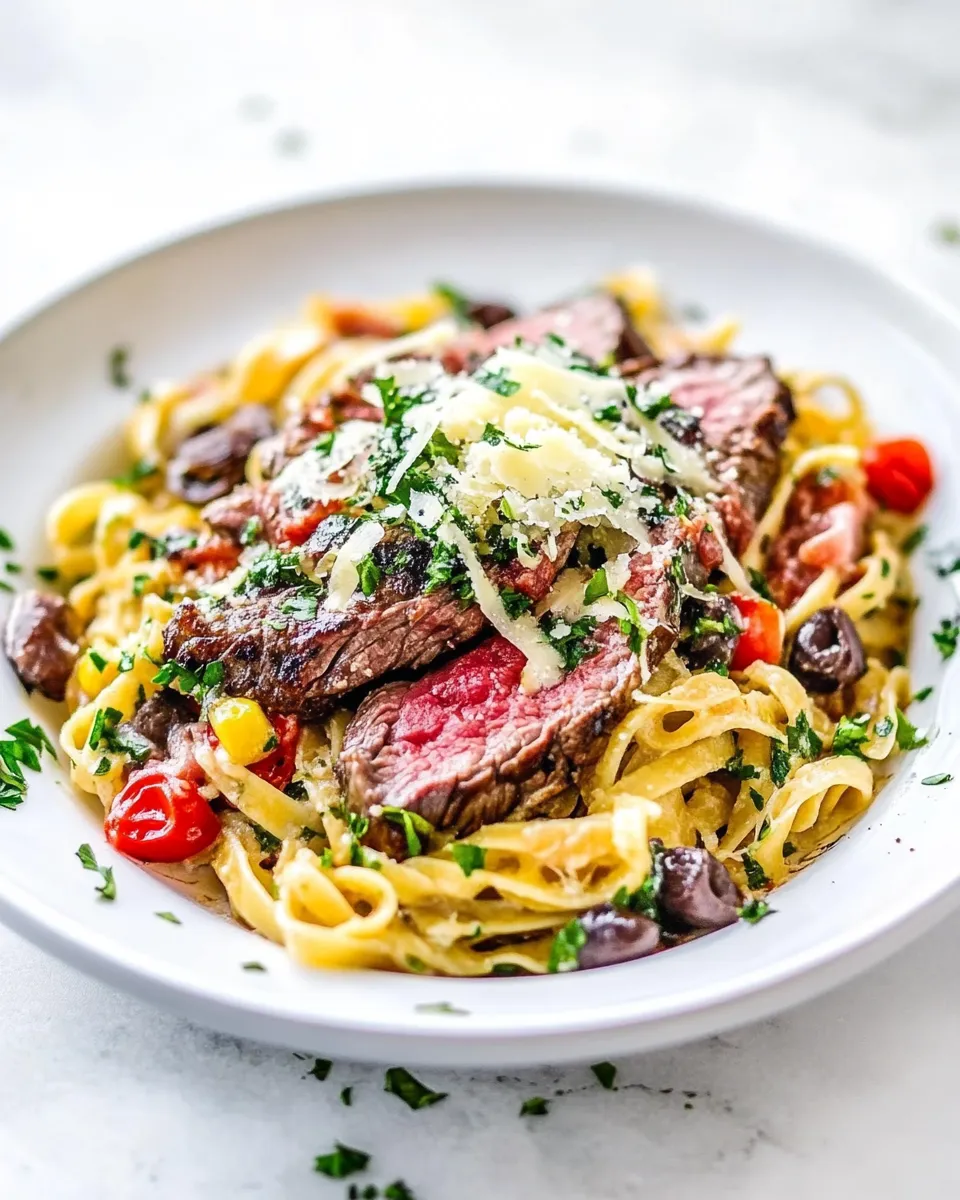 Delicious Ribeye Steak Pasta Puttanesca shot