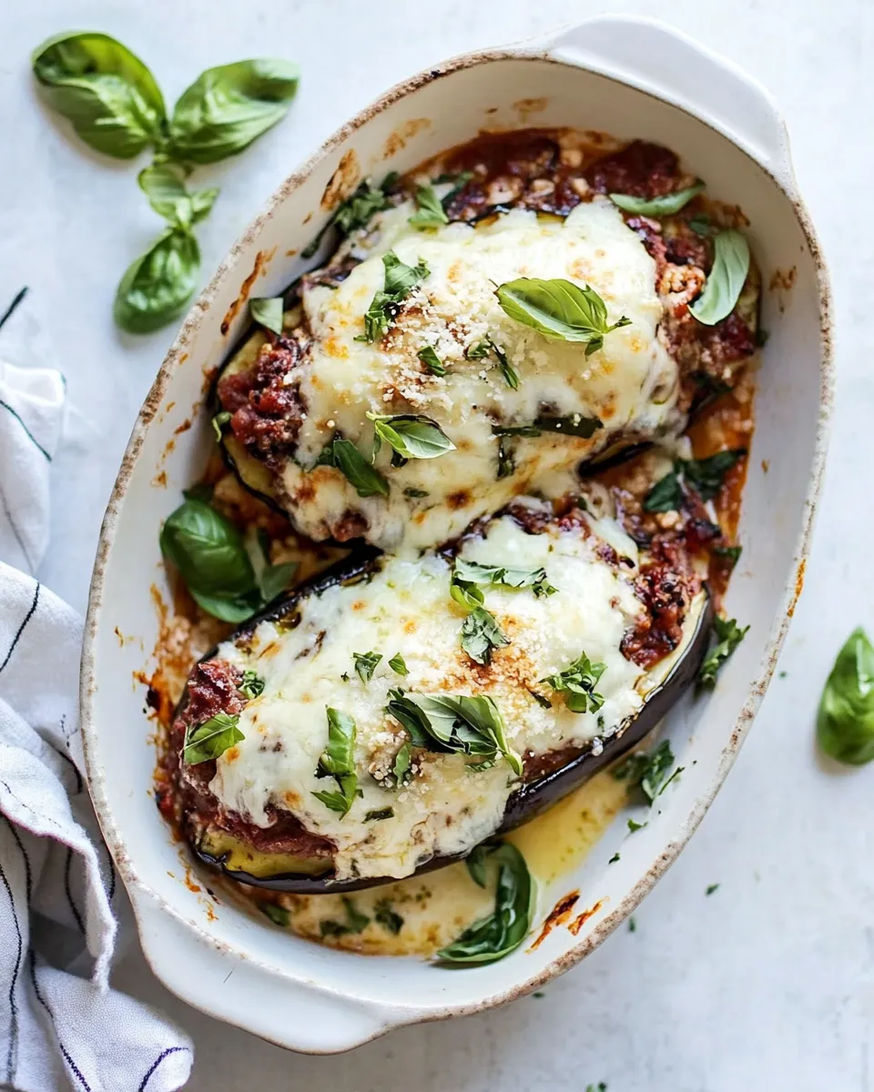 classic Roasted Garlic Eggplant Lasagna Boats w/Spicy Italian Chicken Sausage. dish photo