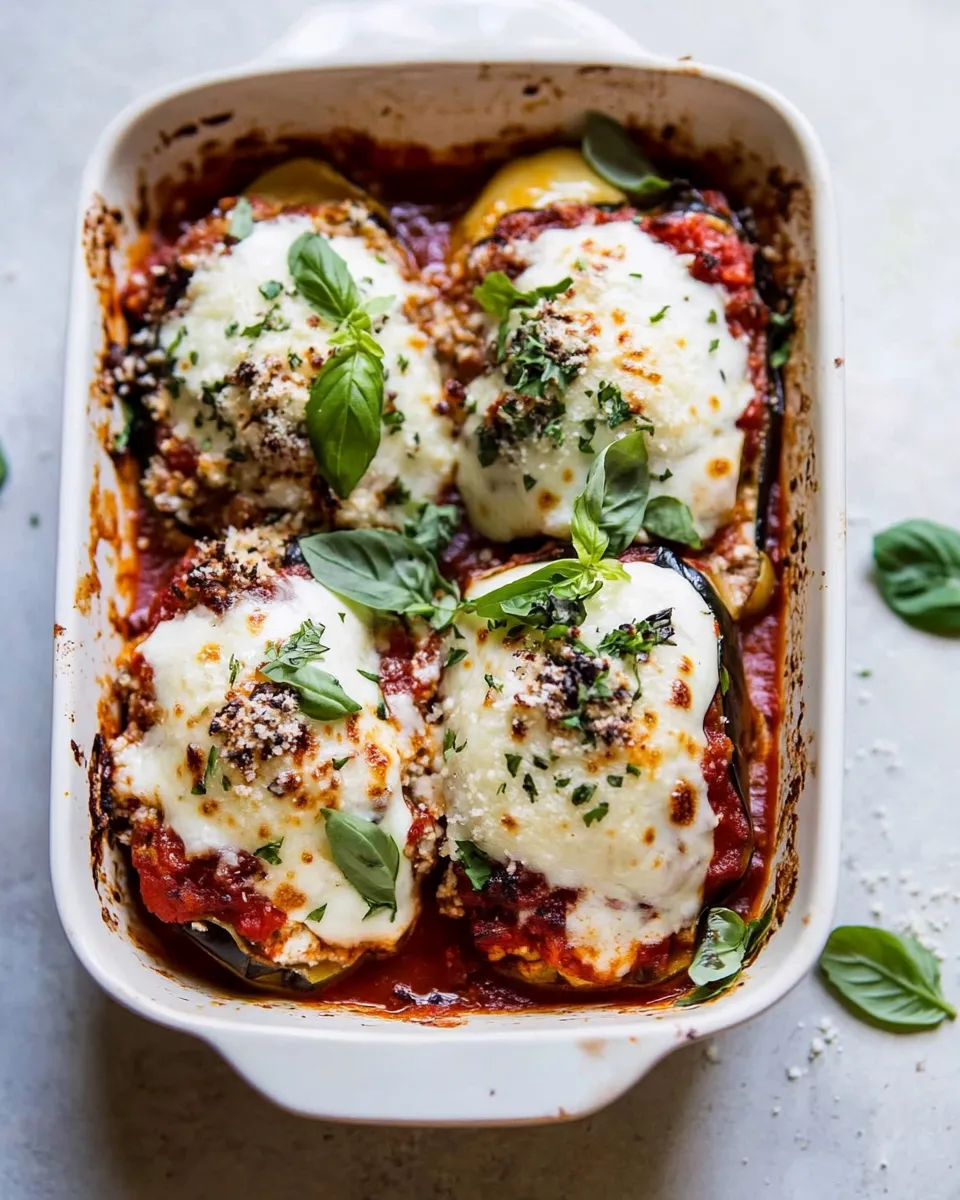 easy Roasted Garlic Eggplant Lasagna Boats w/Spicy Italian Chicken Sausage. plate image