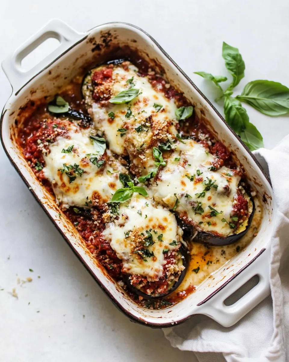 delicious Roasted Garlic Eggplant Lasagna Boats w/Spicy Italian Chicken Sausage. food shot