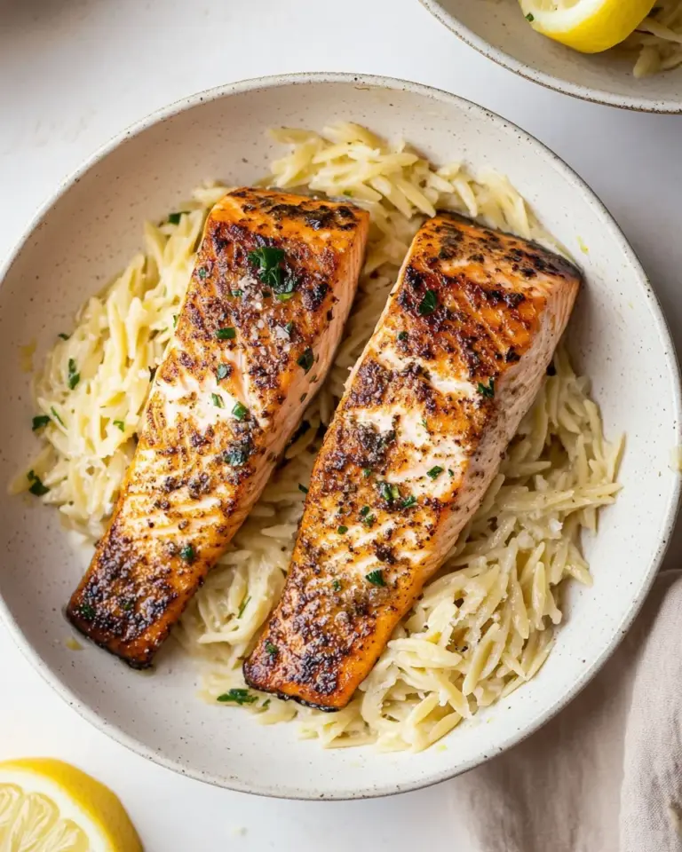 homemade Salmon Aglio e Olio with Lemon Parmesan Orzo. photo