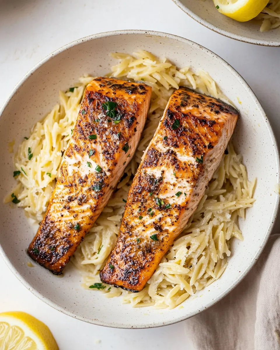 homemade Salmon Aglio e Olio with Lemon Parmesan Orzo. photo