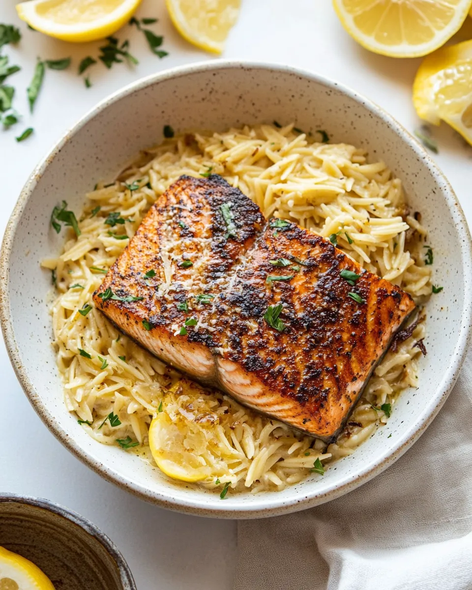 classic Salmon Aglio e Olio with Lemon Parmesan Orzo. image