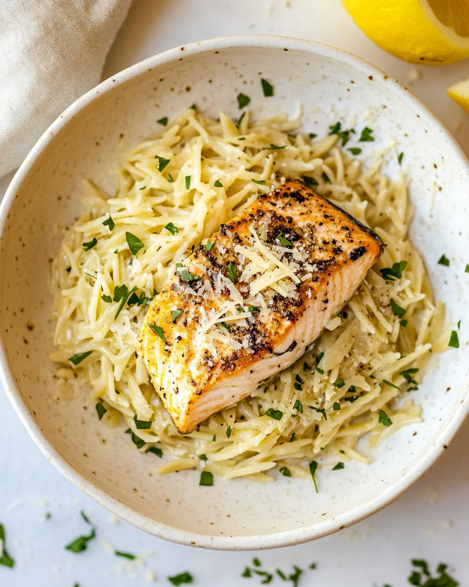 easy Salmon Aglio e Olio with Lemon Parmesan Orzo. picture