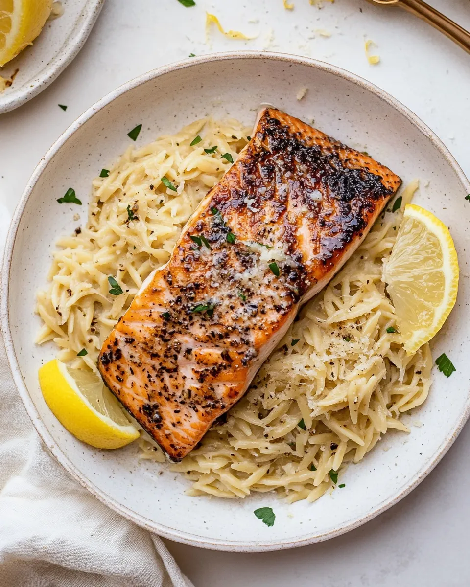 delicious Salmon Aglio e Olio with Lemon Parmesan Orzo. shot