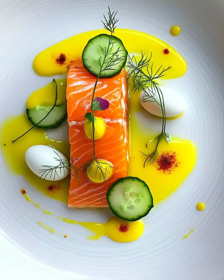homemade Salmon Gravlax with Cucumber, Quail Egg and Oranges photo