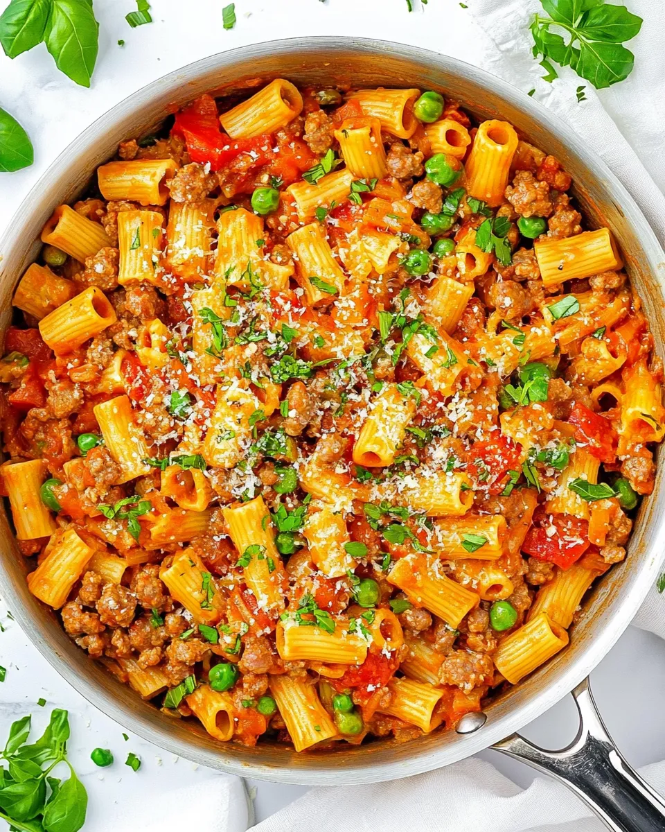 delicious Sausage Rigatoni Pasta Skillet shot