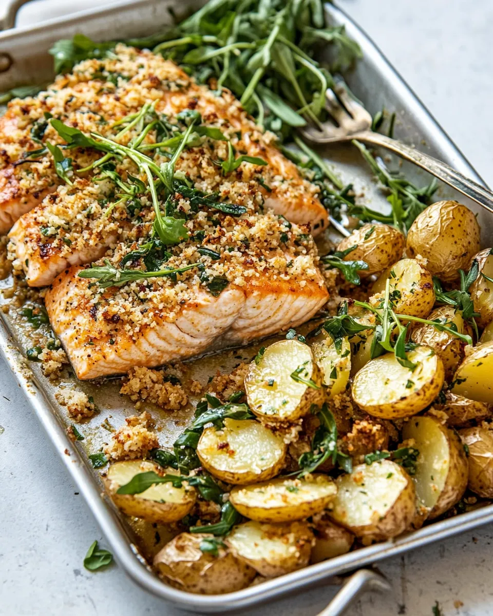 homemade Sheet Pan Dijon Salmon and Panko Potatoes. photo