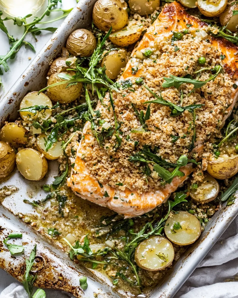 delicious Sheet Pan Dijon Salmon and Panko Potatoes. shot