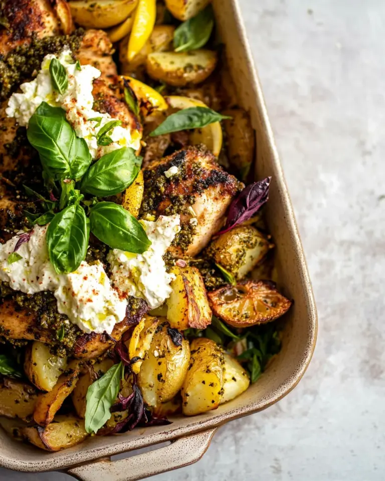 homemade Sheet Pan Pesto Chicken and Lemon Butter Potatoes with Whipped Feta. photo