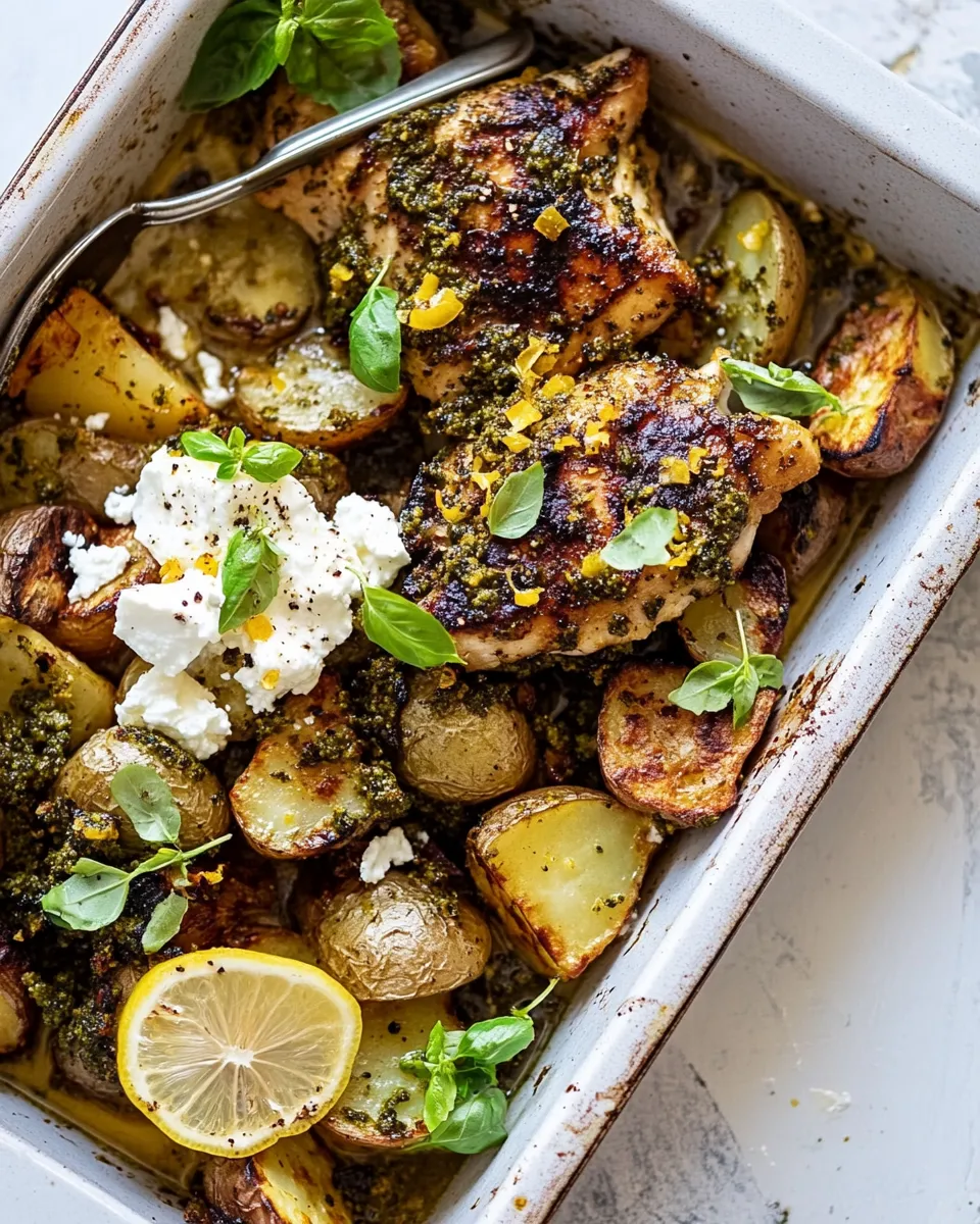 classic Sheet Pan Pesto Chicken and Lemon Butter Potatoes with Whipped Feta. image
