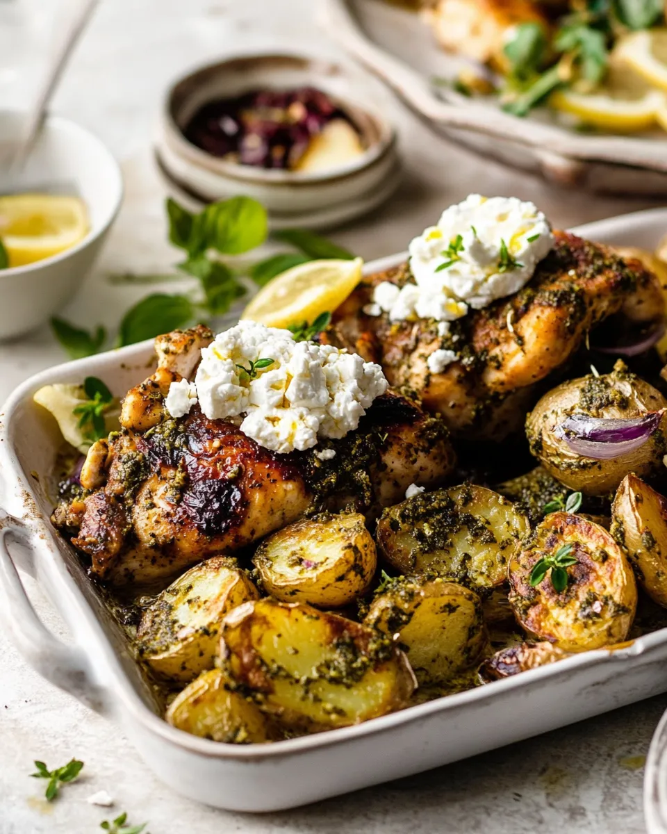 easy Sheet Pan Pesto Chicken and Lemon Butter Potatoes with Whipped Feta. picture