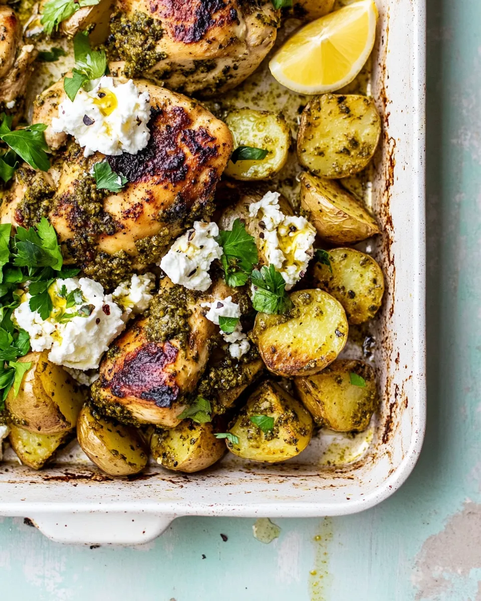 delicious Sheet Pan Pesto Chicken and Lemon Butter Potatoes with Whipped Feta. shot