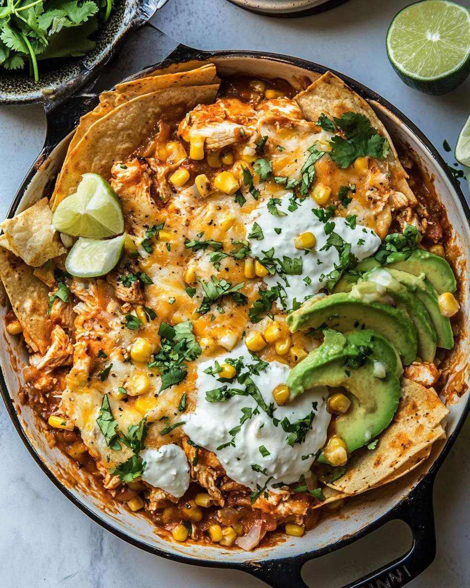 Easy Skillet Corn and Chipotle Chicken Tortilla Bake. recipe image