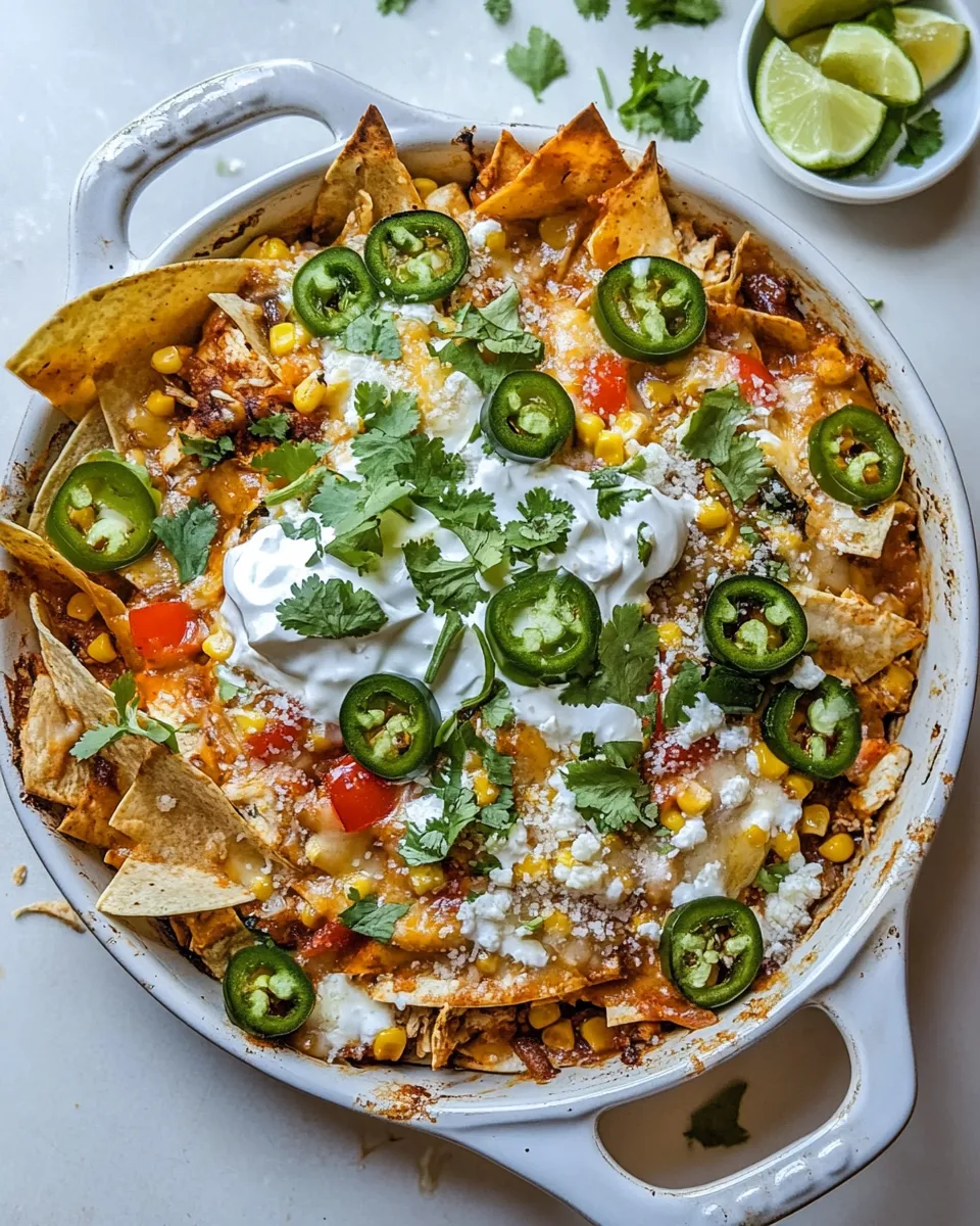 Delicious Skillet Corn and Chipotle Chicken Tortilla Bake. food shot