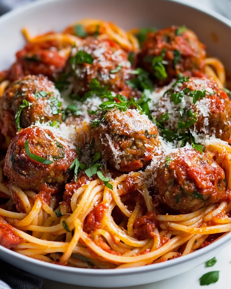 Delicious Skillet Spaghetti and Meatballs food shot