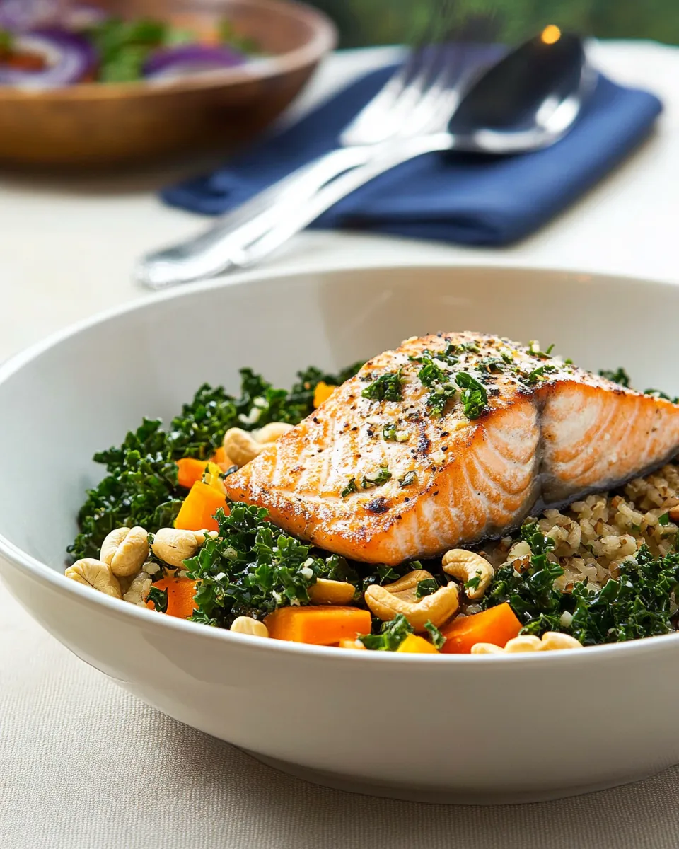 easy Skinny Salmon, Kale, & Cashew Bowl recipe image