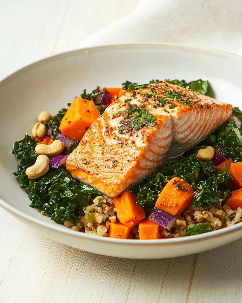 delicious Skinny Salmon, Kale, & Cashew Bowl dish photo