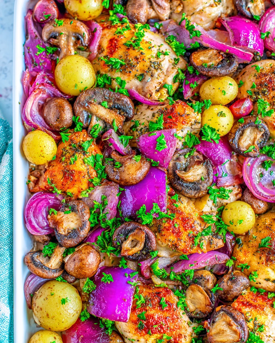 Classic Skinny Sheet Pan Chicken with Mushrooms and Onions dish photo