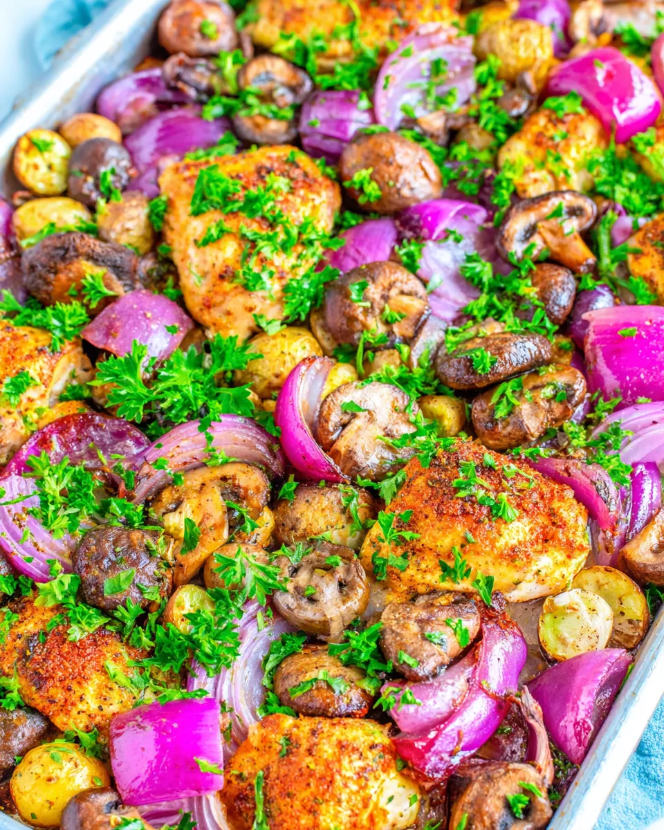 Easy Skinny Sheet Pan Chicken with Mushrooms and Onions food shot