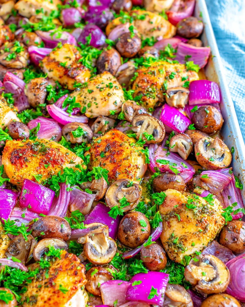 Delicious Skinny Sheet Pan Chicken with Mushrooms and Onions plate image