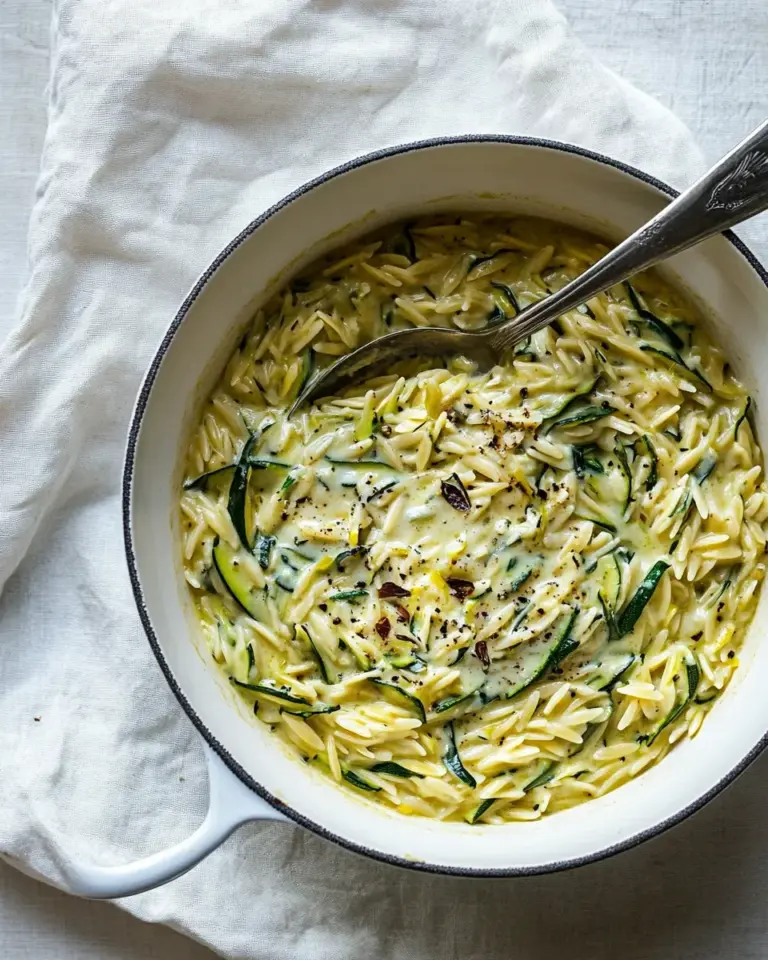 homemade Souper Creamy Lemon Butter Cheesy Zucchini Orzo. photo