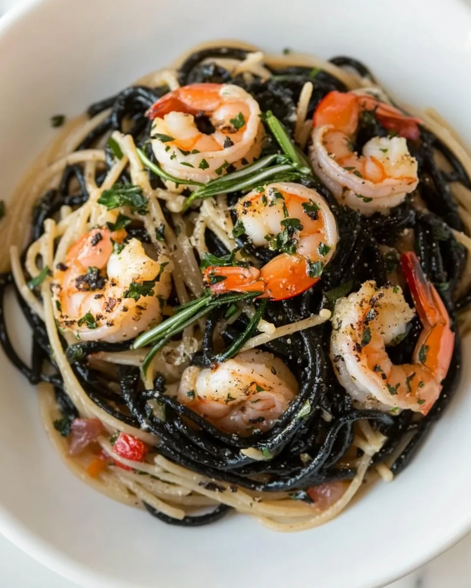 Homemade Spaghetti Nero with Garlic Shrimp photo