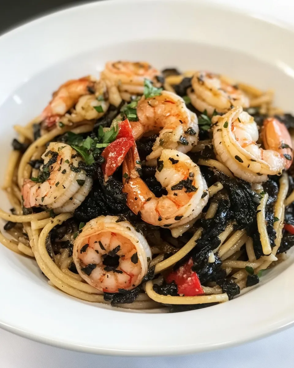 Classic Spaghetti Nero with Garlic Shrimp image