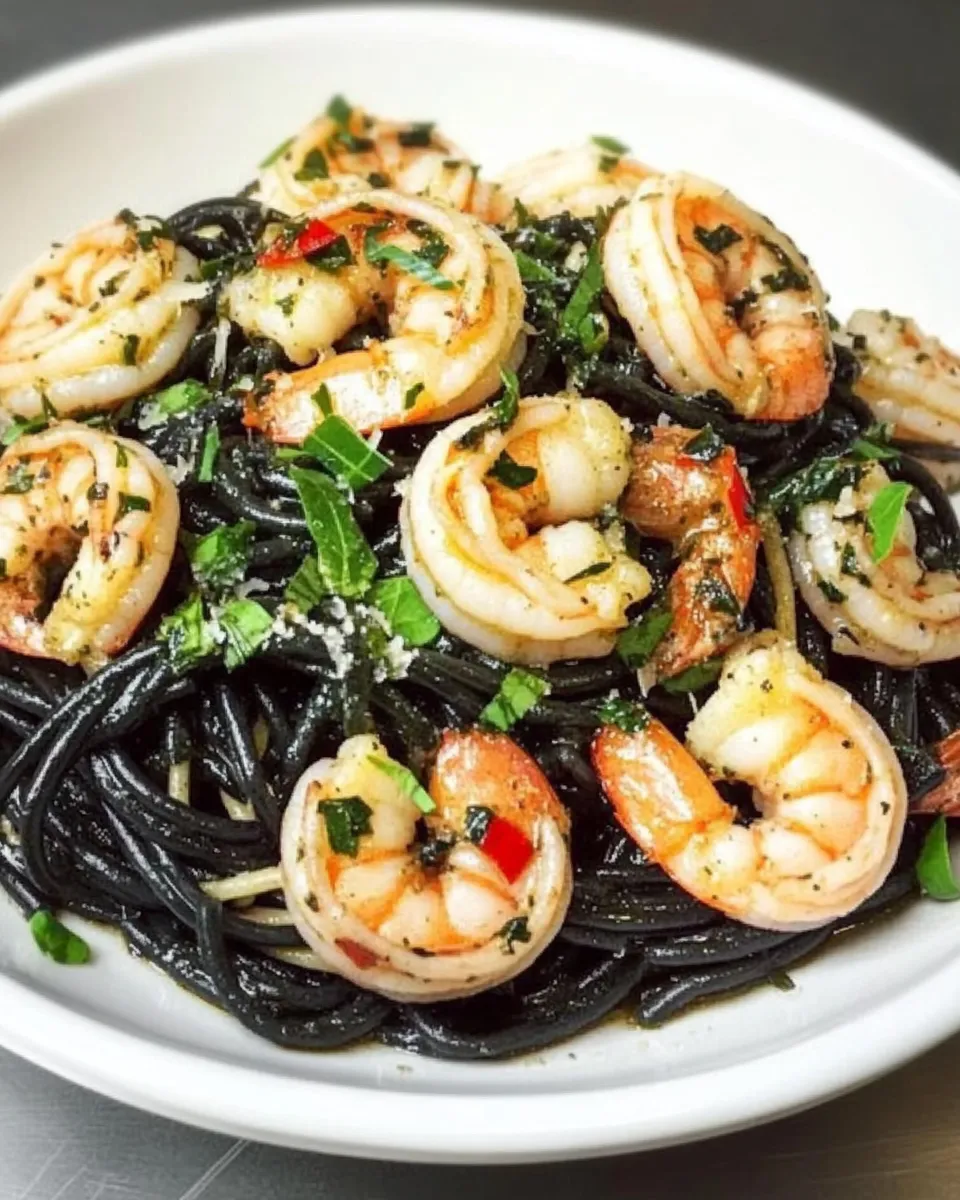 Delicious Spaghetti Nero with Garlic Shrimp dish photo