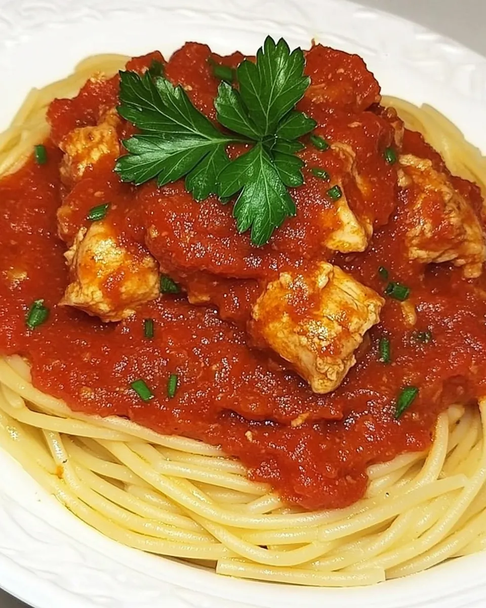 delicious Spaghetti Rigati with Chicken and Tomato Sauce dish photo