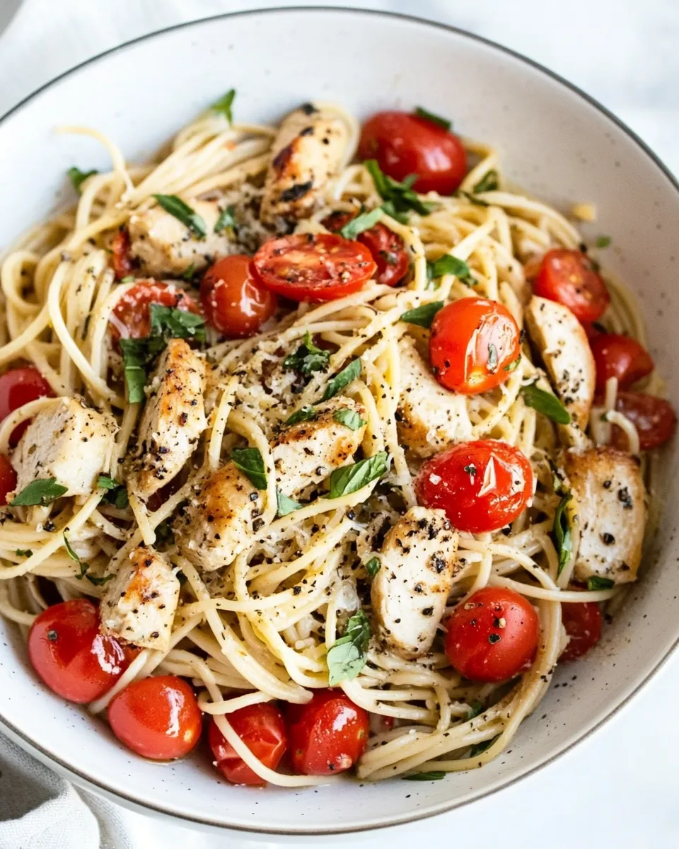 Delicious Spaghetti with Chicken and Grape Tomatoes dish photo