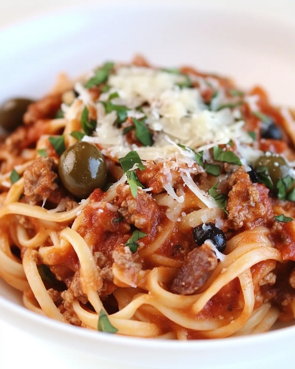 Delicious Spaghetti with Italian Sausage and Olives plate image