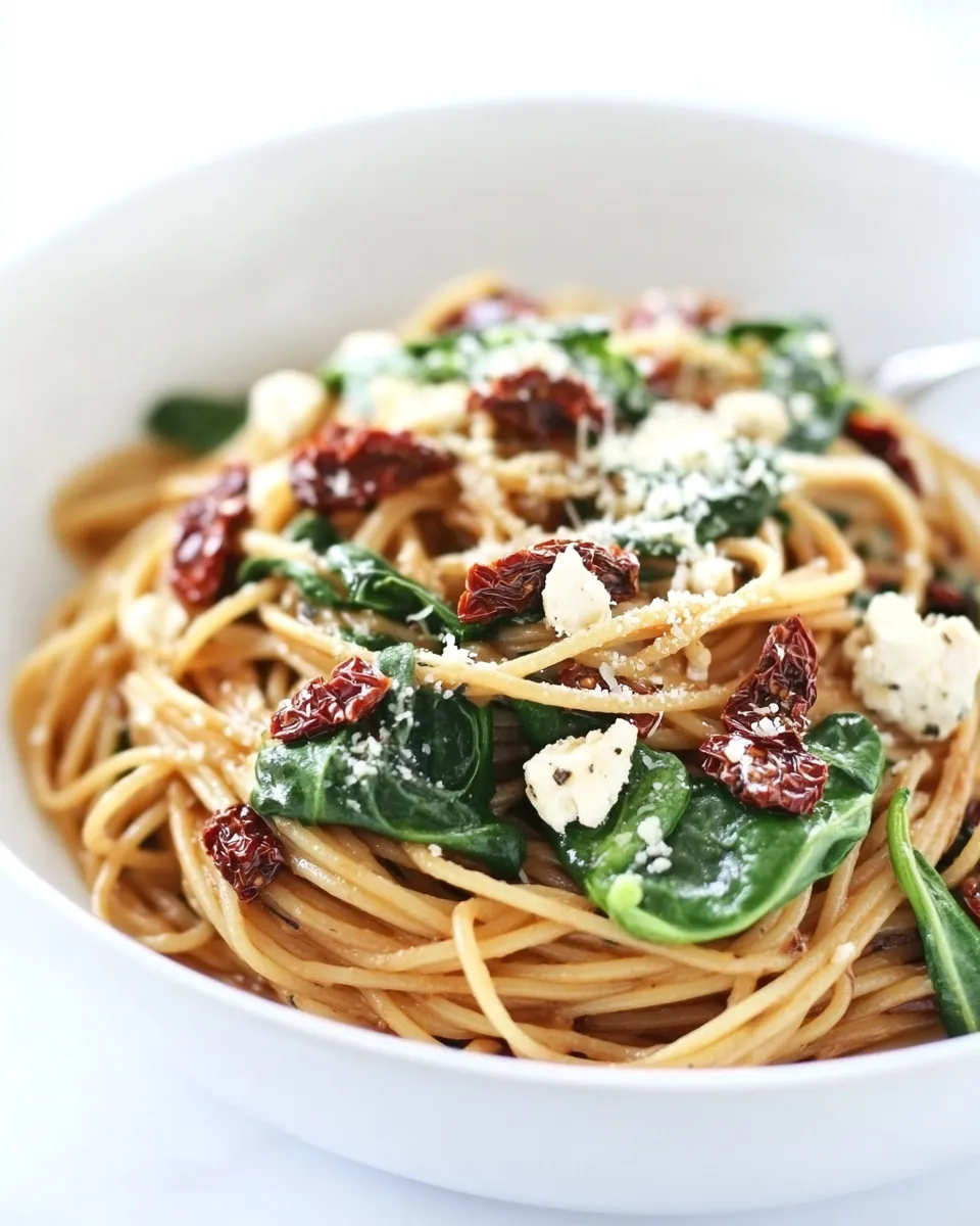 Delicious Spaghetti with Sun Dried Tomatoes & Spinach dish photo