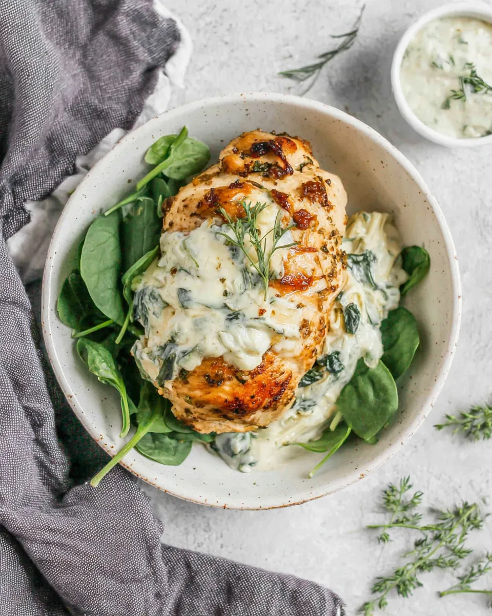 Easy Spinach-Artichoke-Greek Yogurt Chicken dish photo