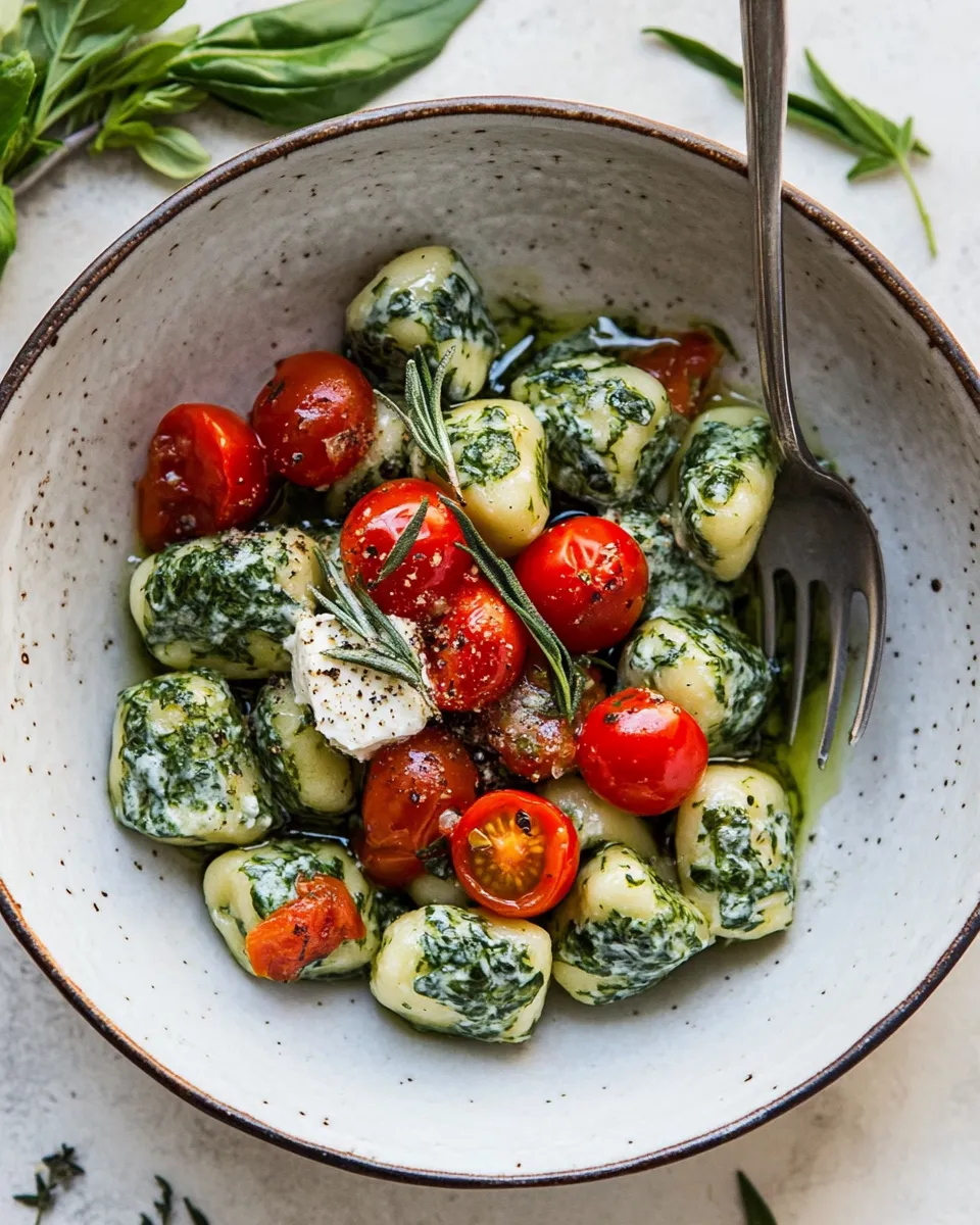 classic Spinach Ricotta Gnocchi with Sage Butter and Cherry Tomatoes. plate image