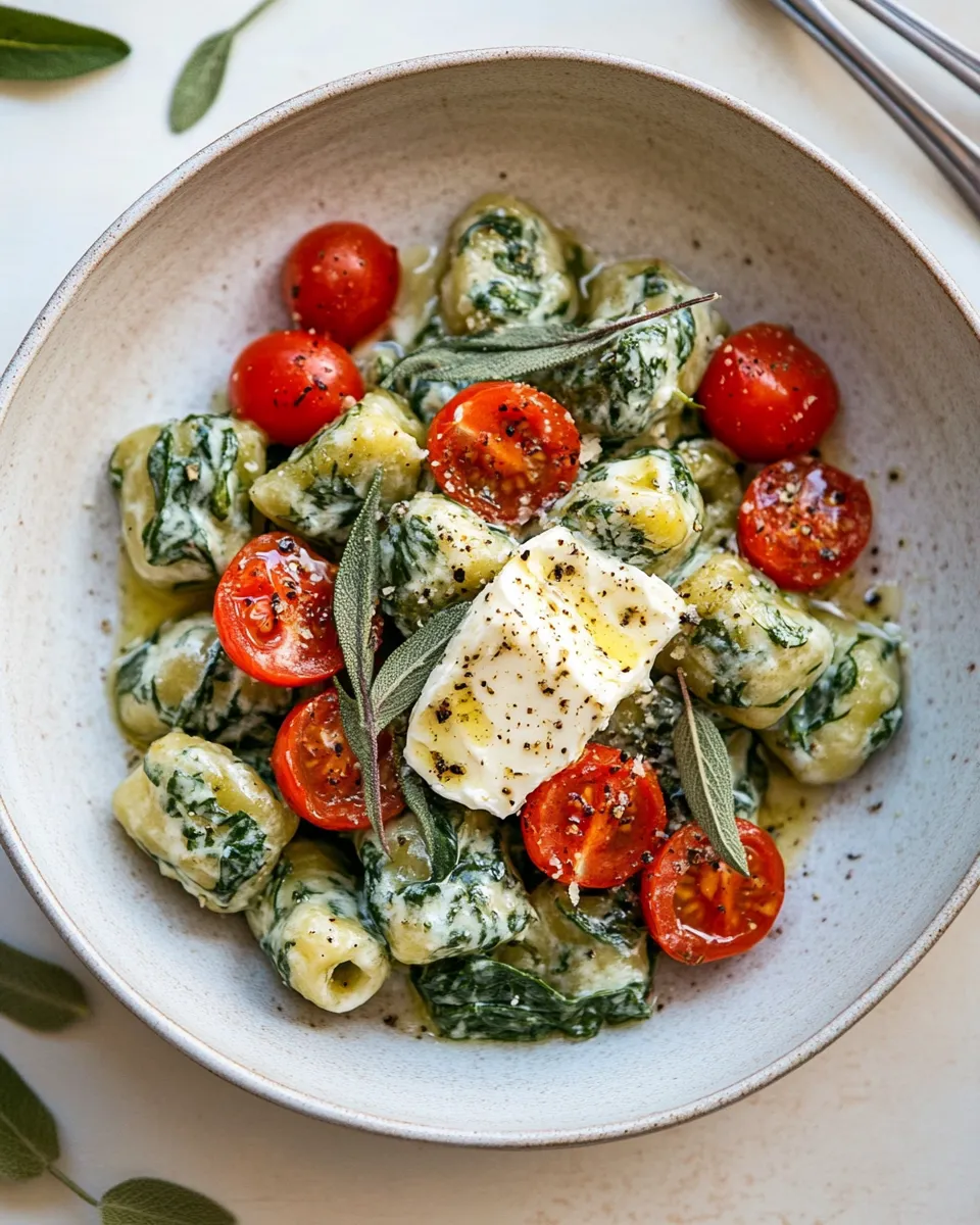 easy Spinach Ricotta Gnocchi with Sage Butter and Cherry Tomatoes. photo