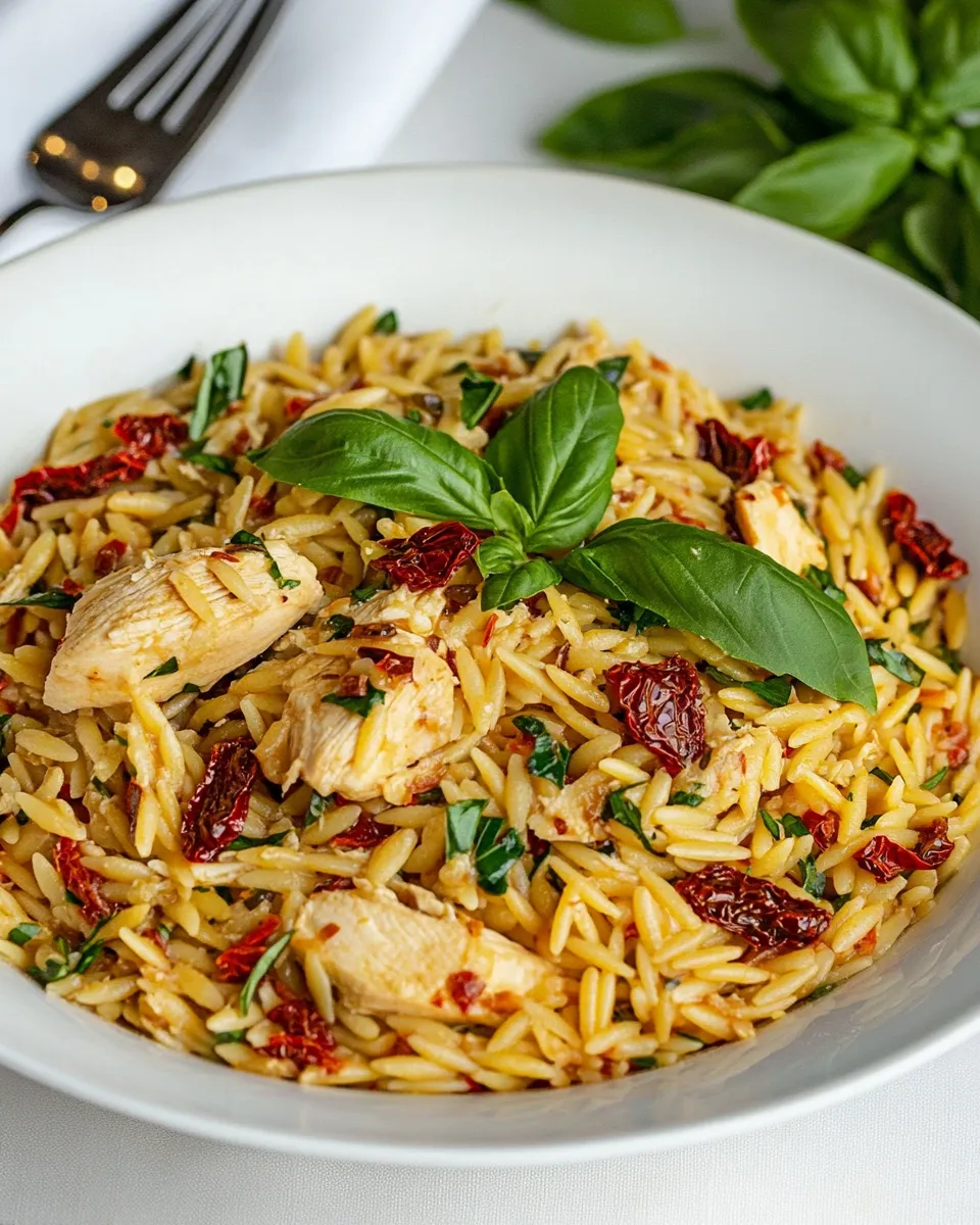 easy Sun Dried Tomato Basil and Parmesan Orzo with Chicken recipe image