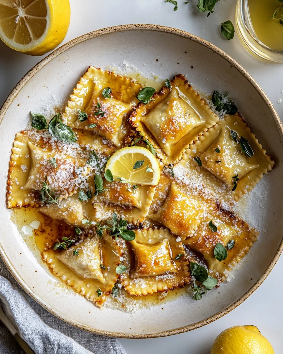 Easy Toasted Skillet Ravioli with Lemon & Brown Butter. food shot