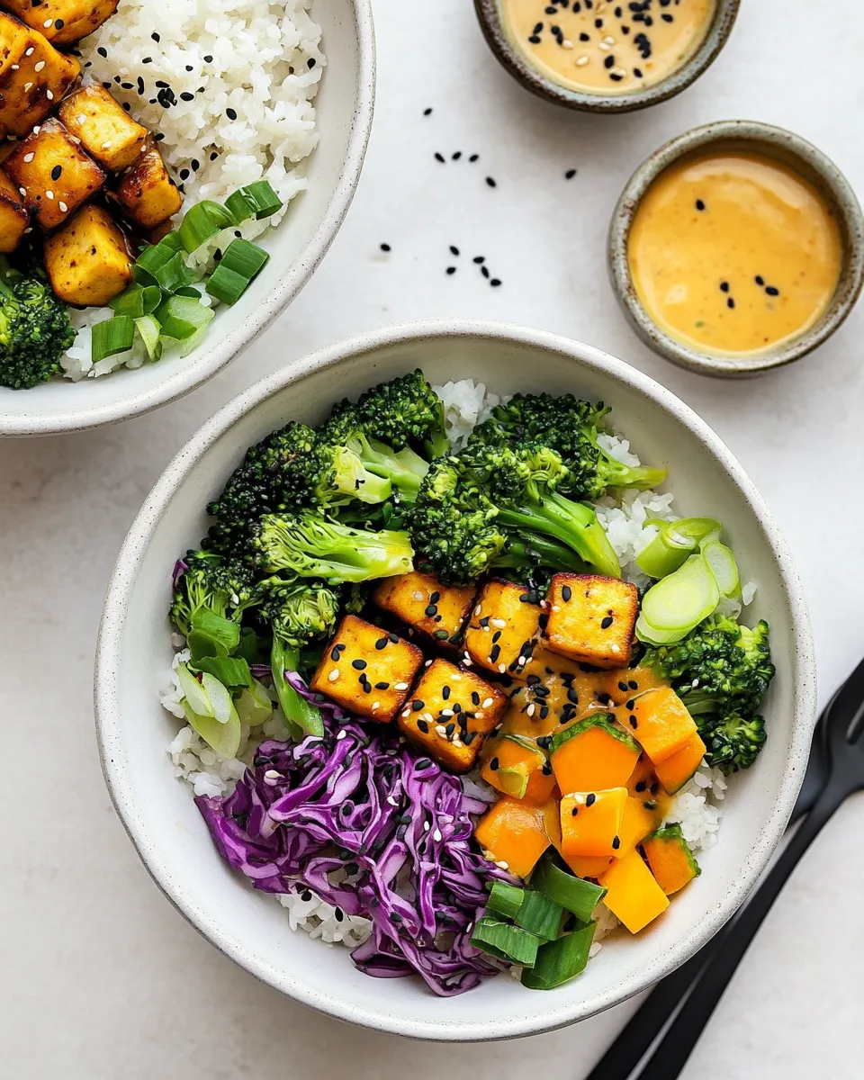 Homemade Tofu Broccoli Bowls with Carrot Ginger Dressing photo