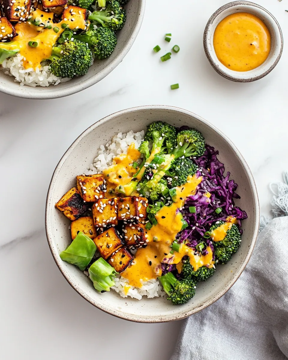 Delicious Tofu Broccoli Bowls with Carrot Ginger Dressing dish photo