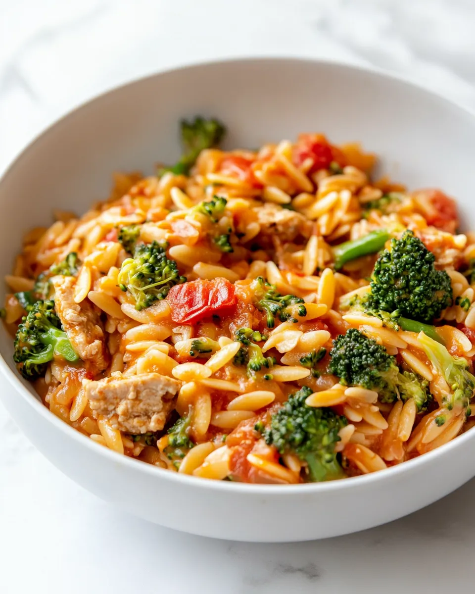Homemade Tomato Orzo with Chicken Sausage and Broccoli photo