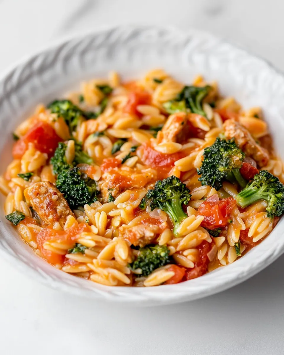 Classic Tomato Orzo with Chicken Sausage and Broccoli image